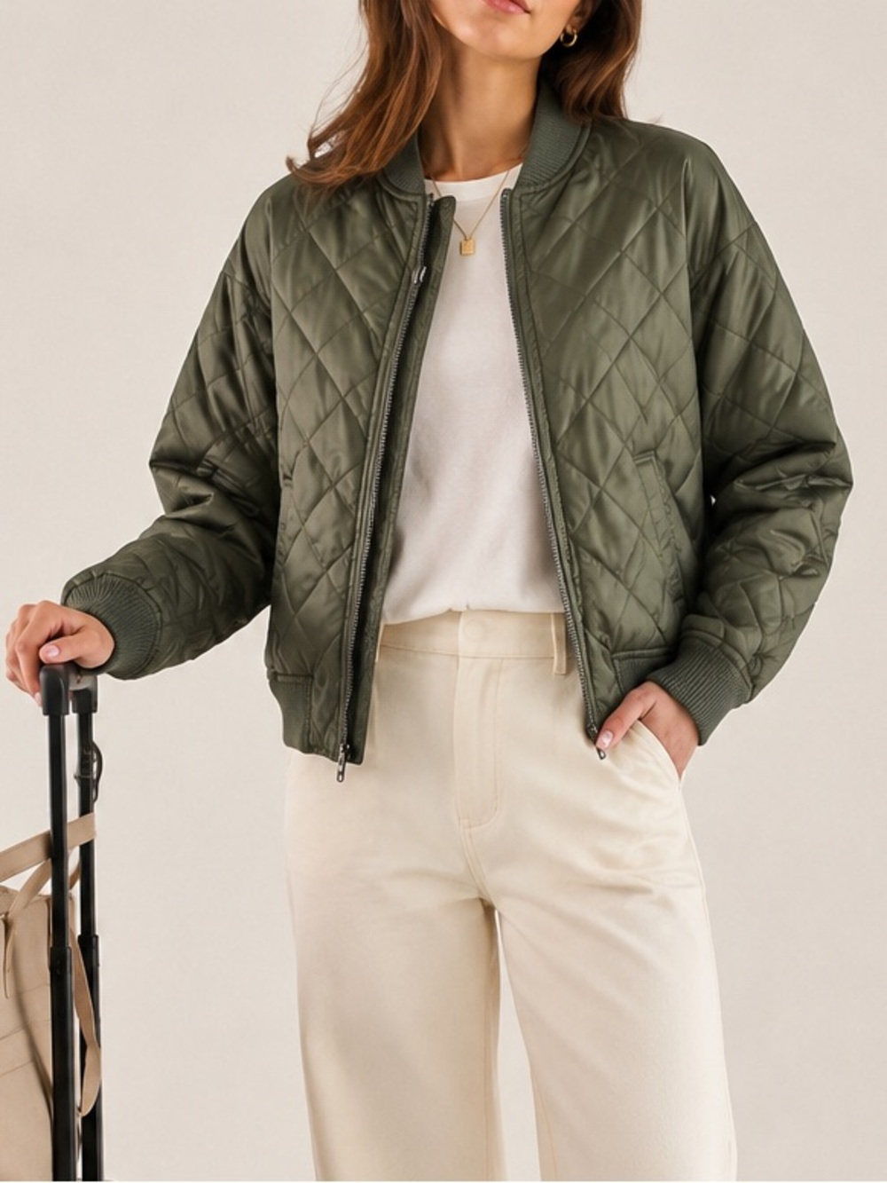 Vince. | Bomber Jacket Diamond Quilted Olive Green Elevated Travel Minimalist XS
